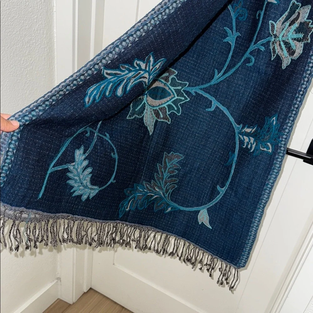 Charter Club Blue and Gray Scarf with Elegant Embroidery